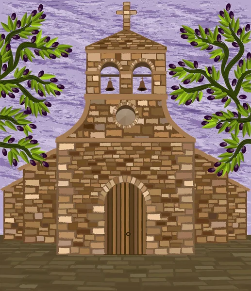 Antiga Igreja Espanhola Estilo Romanesco Oliveira Ilustração Vetorial — Vetor de Stock