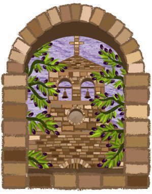 Zeytin ağacı ve Romanesk tarzı, vektör çizim antik Ortaçağ kilise kemerli penceresinden görüntülemek