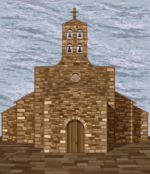 Antica Chiesa Medievale Spagnola Stile Romanico Con Campane Illustrazione Vettoriale — Vettoriale Stock