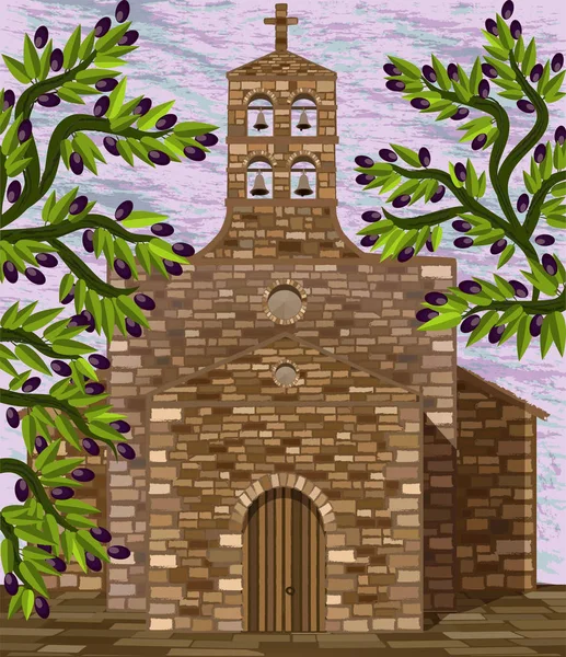 Eglise Médiévale Espagnole Style Roman Olivier Illustration Vectorielle — Image vectorielle