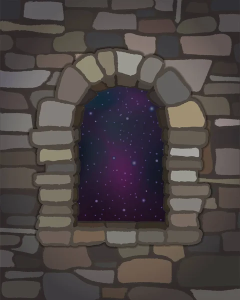 Cielo Nocturno Ventana Piedra Arqueada Estilo Visigodo Ilustración Vectorial — Vector de stock