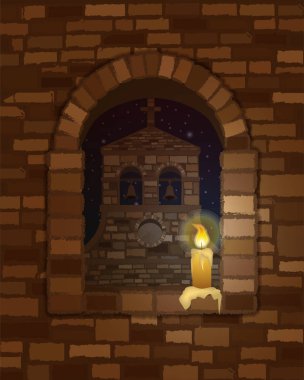 Romanesk tarzı, vektör çizim antik Ortaçağ kilise mum ile kemerli penceresinden görüntülemek