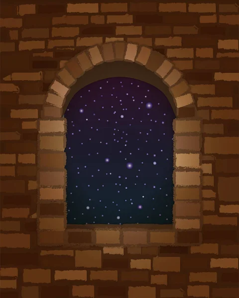 Cielo Notturno Finestra Pietra Arco Stile Romanico Carta Parati Illustrazione — Vettoriale Stock