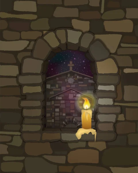 Blick Aus Dem Steinbogenfenster Mit Kerze Auf Die Antike Mittelalterliche — Stockvektor