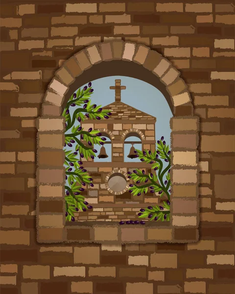 ロマネスク様式とオリーブの木 ベクトル図の古代中世教会のアーチ型の窓からの眺め — ストックベクタ