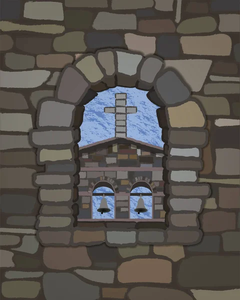 Vista Dalla Vecchia Finestra Pietra Arco Dell Antica Chiesa Medievale — Vettoriale Stock
