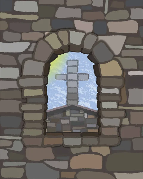 Blick Aus Dem Bogenfenster Der Antiken Mittelalterlichen Kirche Visigotischen Stil — Stockvektor