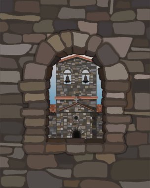 Visigothic tarzı, vektör çizim İspanyol Ortaçağ kilisesinin eski taş penceresinden görüntülemek