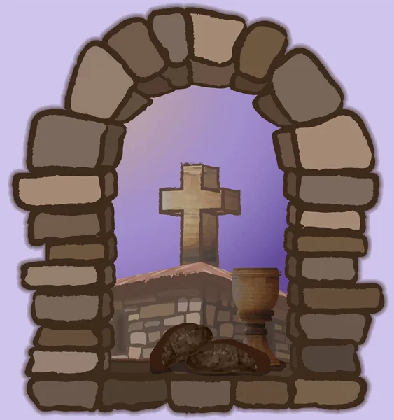 Víno Černý Chléb Staré Kamenné Okno Výhledem Středověký Kostel Kříž — Stockový vektor