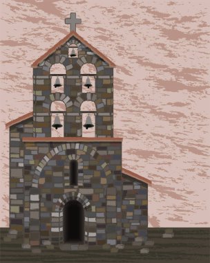Antik taş kilise çan ve kemerli giriş Vizigot stilleri, vektör çizim ile