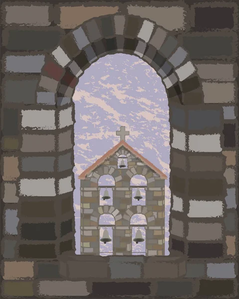 ゴート様式 ベクトル図の古い中世スペイン教会のアーチ型の石の窓からの眺め — ストックベクタ