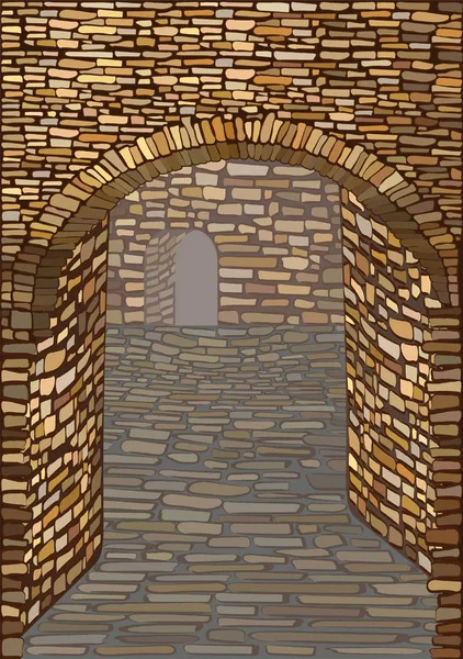 Antiga Rua Medieval Com Arco Pedra Contexto Ilustração Vetorial — Vetor de Stock