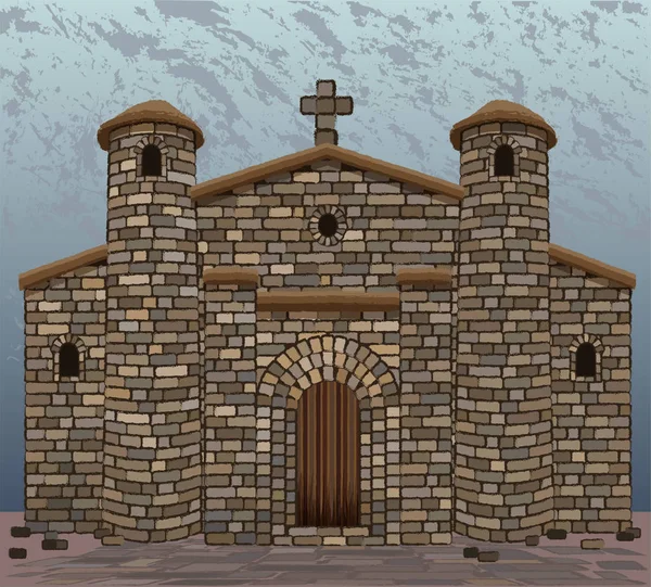 Antigua Iglesia Española Piedra Estilo Visigodo Con Dos Torres Piedra — Vector de stock