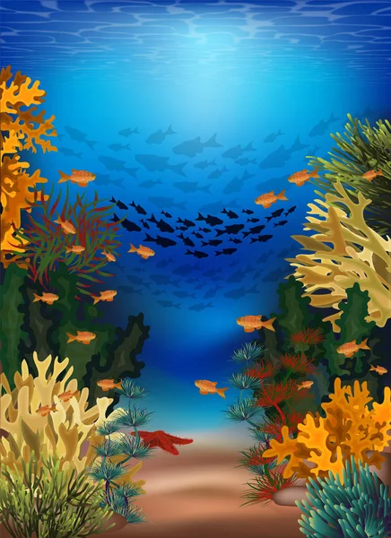 Podwodny Baner Glonami Tropikalną Rybą Ilustracja Wektorowa — Wektor stockowy