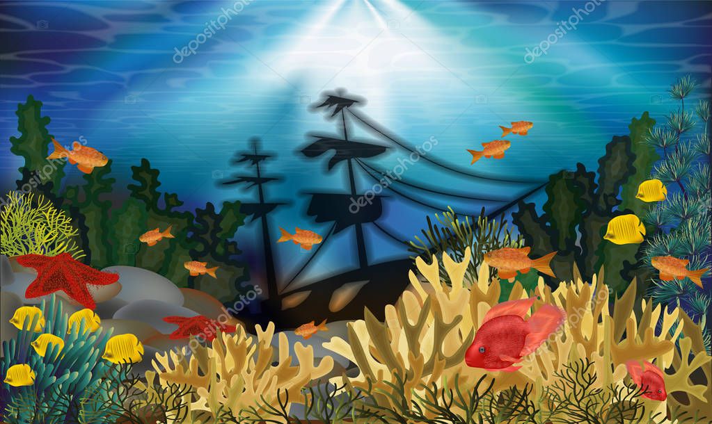 Underwater Background Sunken Ship Vector Illustration