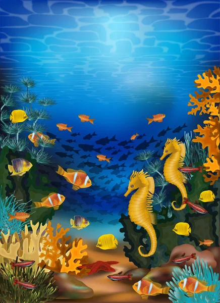 Onderwater Achtergrond Met Seahorse Tropische Vissen Vector Illustratie — Stockvector