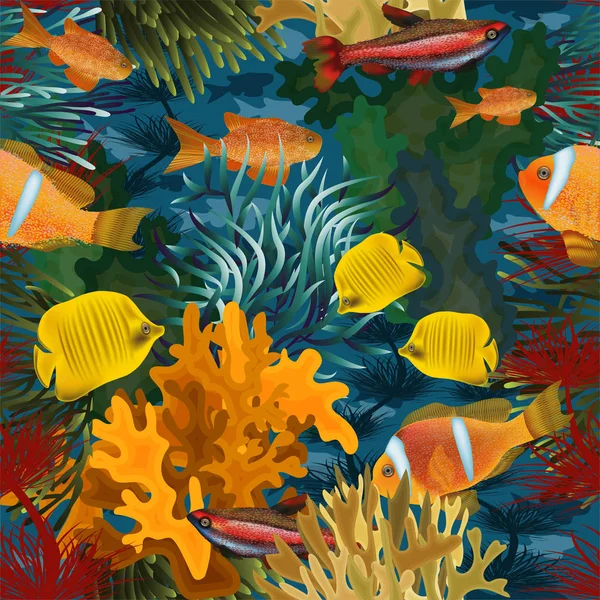 藻類と熱帯魚 ベクトルイラストとシームレスな水中壁紙 — ストックベクタ