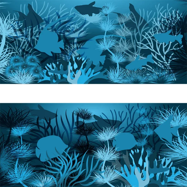 Banderas Horizontales Submarinas Con Peces Tropicales Ilustración Vectorial — Archivo Imágenes Vectoriales