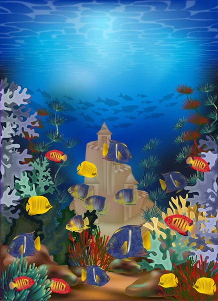 Fondo Pantalla Submarino Con Peces Tropicales Castillo Arena Ilustración Vectorial — Vector de stock