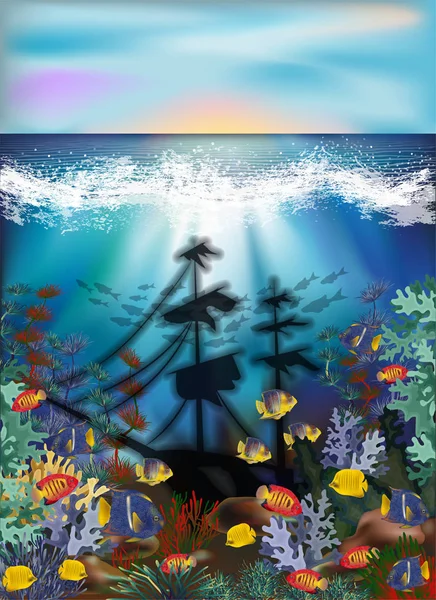 水下背景与藻类 热带鱼和沉船 矢量插图 — 图库矢量图片