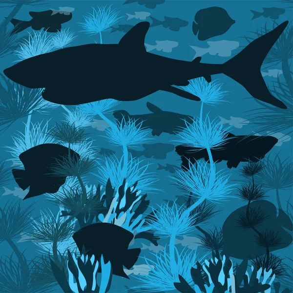 Fondo Submarino Con Tiburones Peces Tropicales Ilustración Vectorial — Archivo Imágenes Vectoriales
