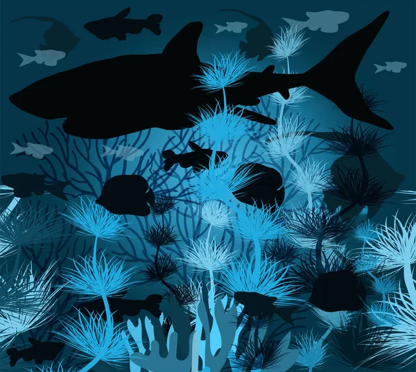 Papier Peint Sous Marin Avec Poissons Tropicaux Requins Illustration Vectorielle — Image vectorielle