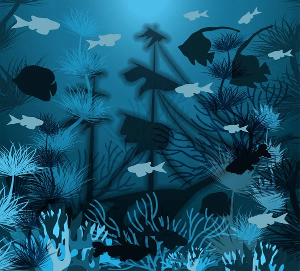 Underwater Banner Med Fartyg Sjunkna Tropiska Fiskar Vektor Illustration — Stock vektor