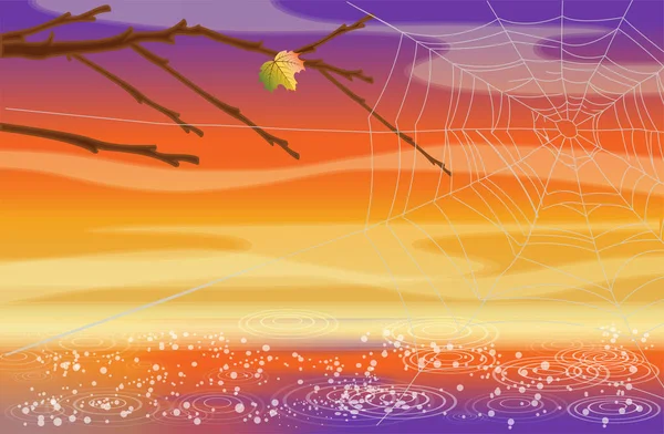 Herbst Natur Banner Mit Ahornblatt Und Spinnennetz Vektorillustration — Stockvektor