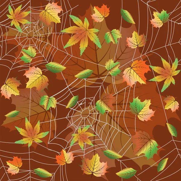 Herbstnahtlose Tapete Mit Ahornblättern Und Spinnennetz Vektorillustration — Stockvektor