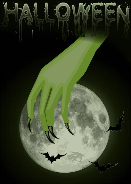 Šťastné Halloweenské Pozadí Čarodějovou Rukou Měsícem Vektorová Ilustrace — Stockový vektor