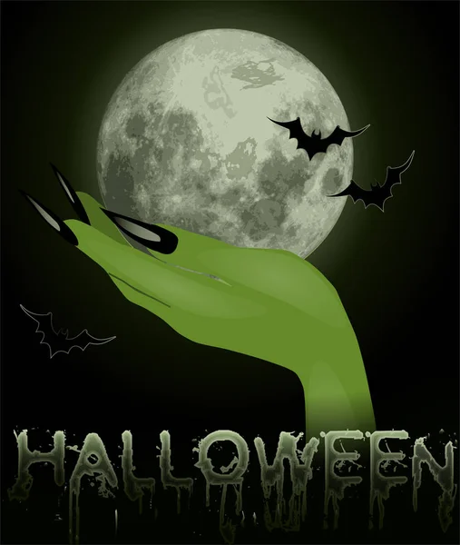 Feliz Tarjeta Halloween Con Mano Luna Las Brujas Ilustración Vectorial — Archivo Imágenes Vectoriales
