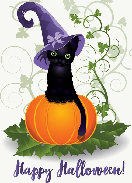 Happy Halloween Behang Heks Zwarte Kat Pompoen Vector Illustratie — Stockvector