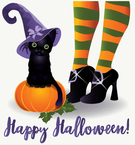 Happy Halloween Tapet Svart Katt Och Häxa Vektor Illustration — Stock vektor