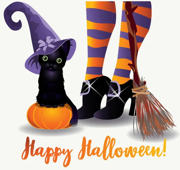 Boldog Halloween Háttérképet Boszorkány Fekete Macska Vektor Illusztráció — Stock Vector