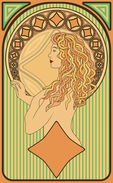 Art Nouveau Woman Diamonds Casino Poker Card Vector Illustration — Stock Vector