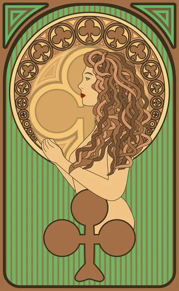 Art Nouveau Woman Clubs Casino Poker Card Vector Illustration — Stock Vector