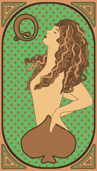 Art Nouveau Drottning Spader Poker Kort Vektor Illustration — Stock vektor