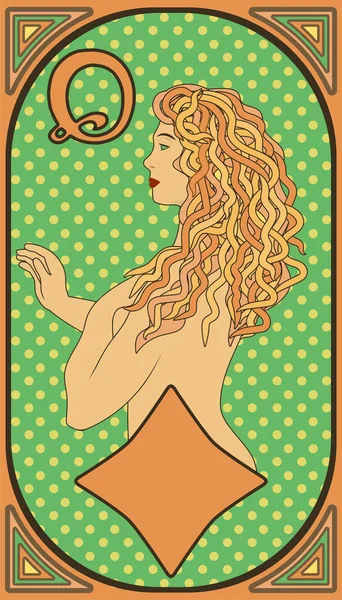 Art Nouveau Reina Diamantes Tarjeta Póquer Vector Ilustración — Vector de stock