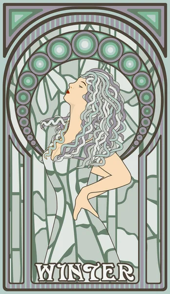 Winter Woman Art Nouveau Style Vector Illustration — Stock Vector