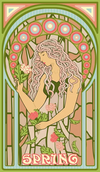 Mulher Primavera Estilo Art Nouveau Ilustração Vetorial — Vetor de Stock