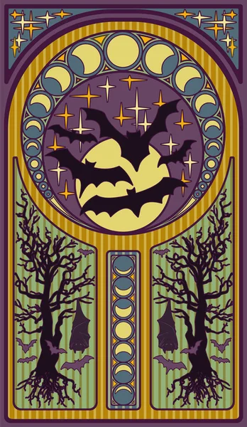 박쥐와 보름달 Art Nouveau Style Card Vector Illustration — 스톡 벡터