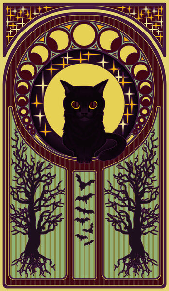 Black cat and moon, art nouveau style card, vector illustration