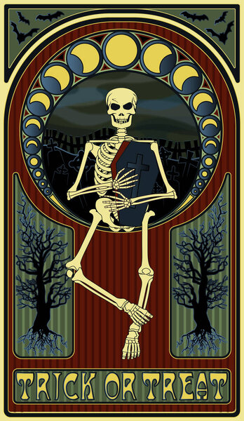 Art nouveau invitation card with skeleton and coffin, vector illustration