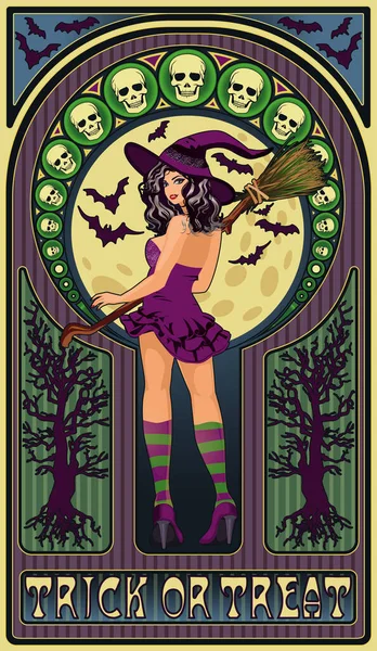Sexy Witch Full Moon Art Nouveau Greeting Card Vector Illustration — Stock Vector