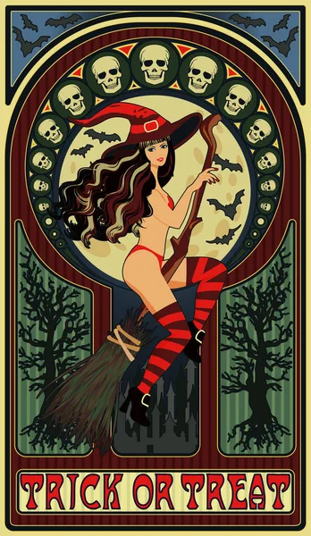 Sexig Häxa Och Måne Art Nouveau Halloween Kort Vektor Illustration — Stock vektor