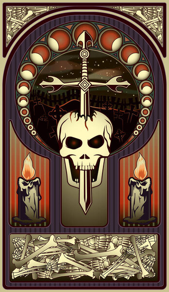 Art nouveau card skull and sword, vector illustration