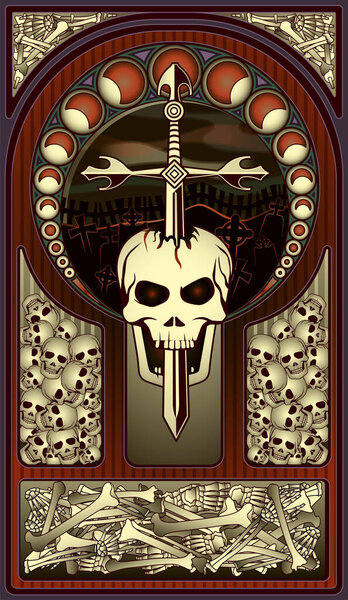 Art nouveau background skull and sword, vector illustration