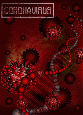 Coronavirus Covid-19 ve Deoksiribonükleik asit DNA 'sı. soyut kart, vektör illüstrasyonu