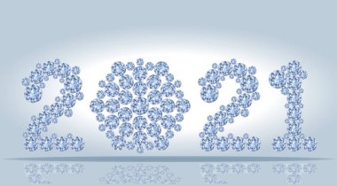 Elmas Yeni 2021 yıllık duvar kâğıdı, parlak kar tanesi, vektör illüstrasyonu