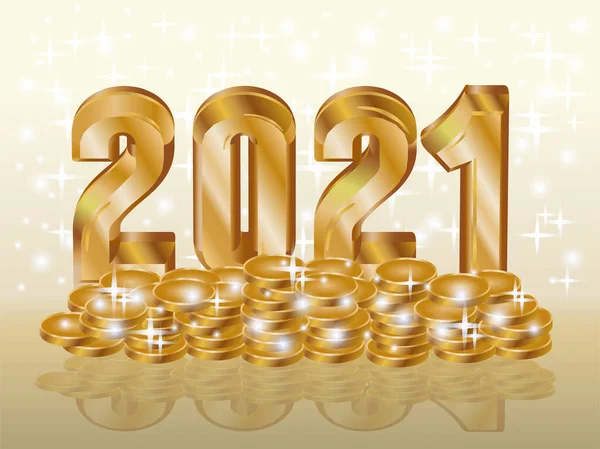 Feliz Año Nuevo 2021 Monedas Oro Vector Ilustración — Vector de stock